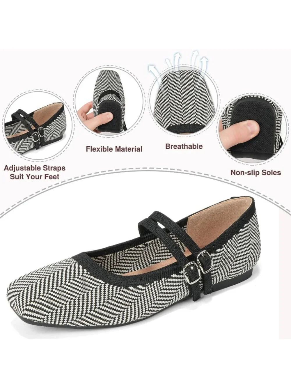 Women's Grey Knit Square Toe Mary Jane Ballet Flats Foldable Buckle Strap Shoes